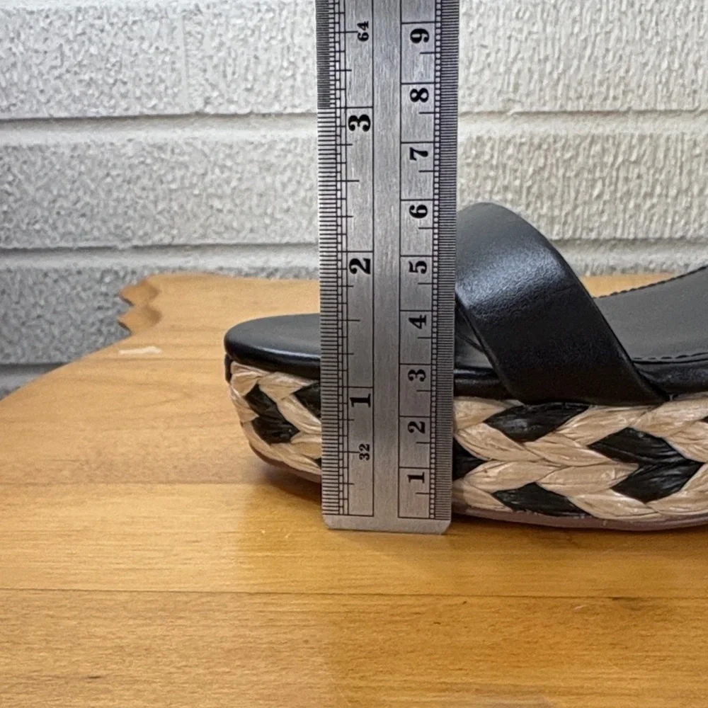 Vince Camuto Roreka Black Leather Platform Strappy Sandals Size 7.5 Raffia Heel
